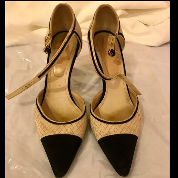 CHANEL Shoes - CHANEL Cream & Black Satin Heels